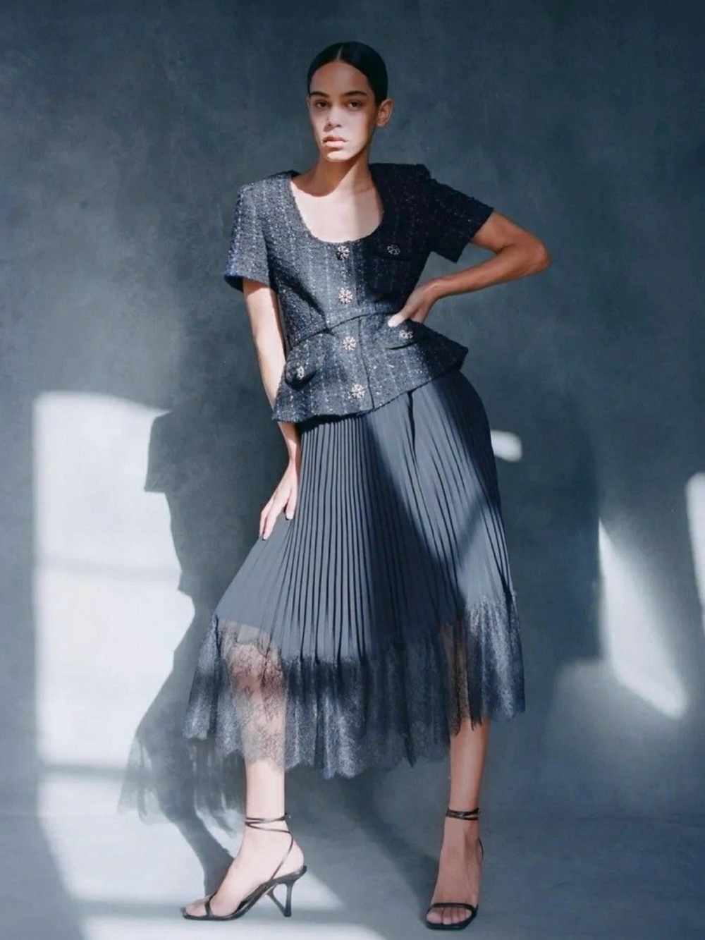 Self-Portrait Black Pleated Midi Skirt with Lace Trim